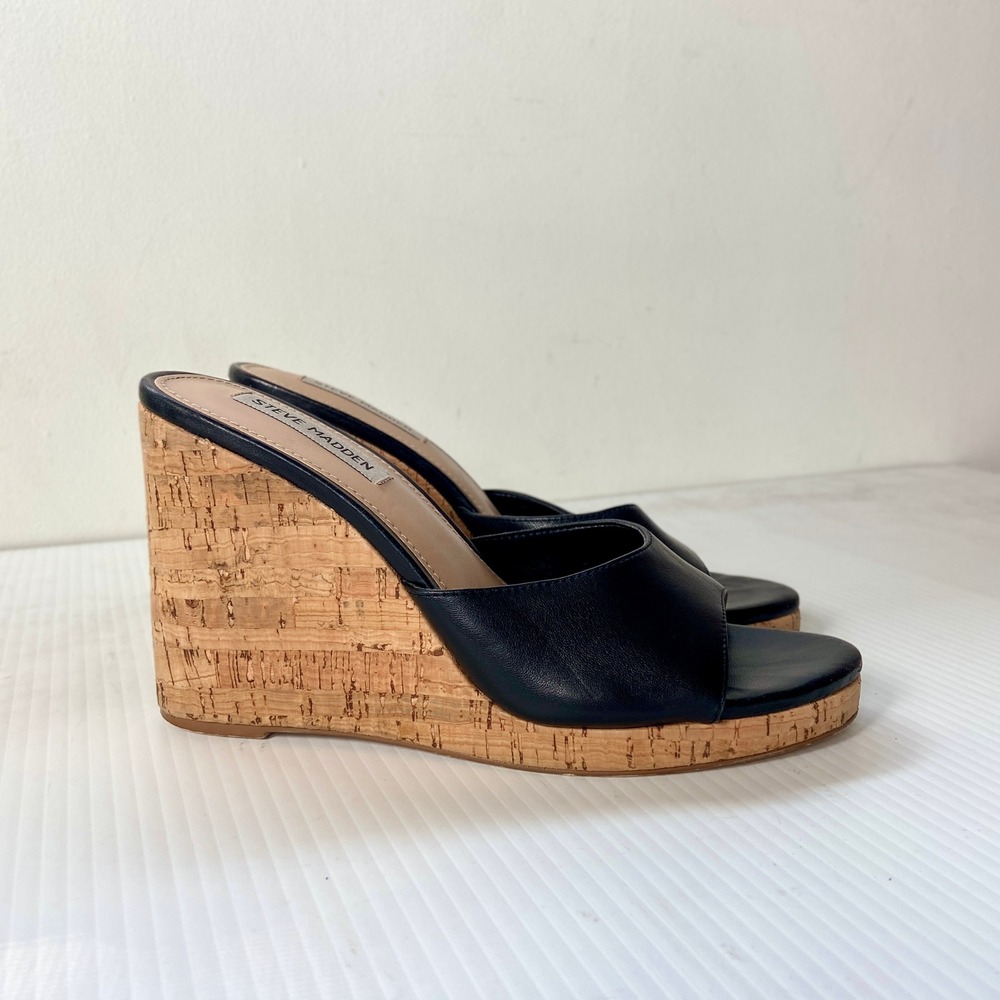 Steve Madden Marvelous Black Leather Cork Wedge Heel Slide Sandals Womens 9M